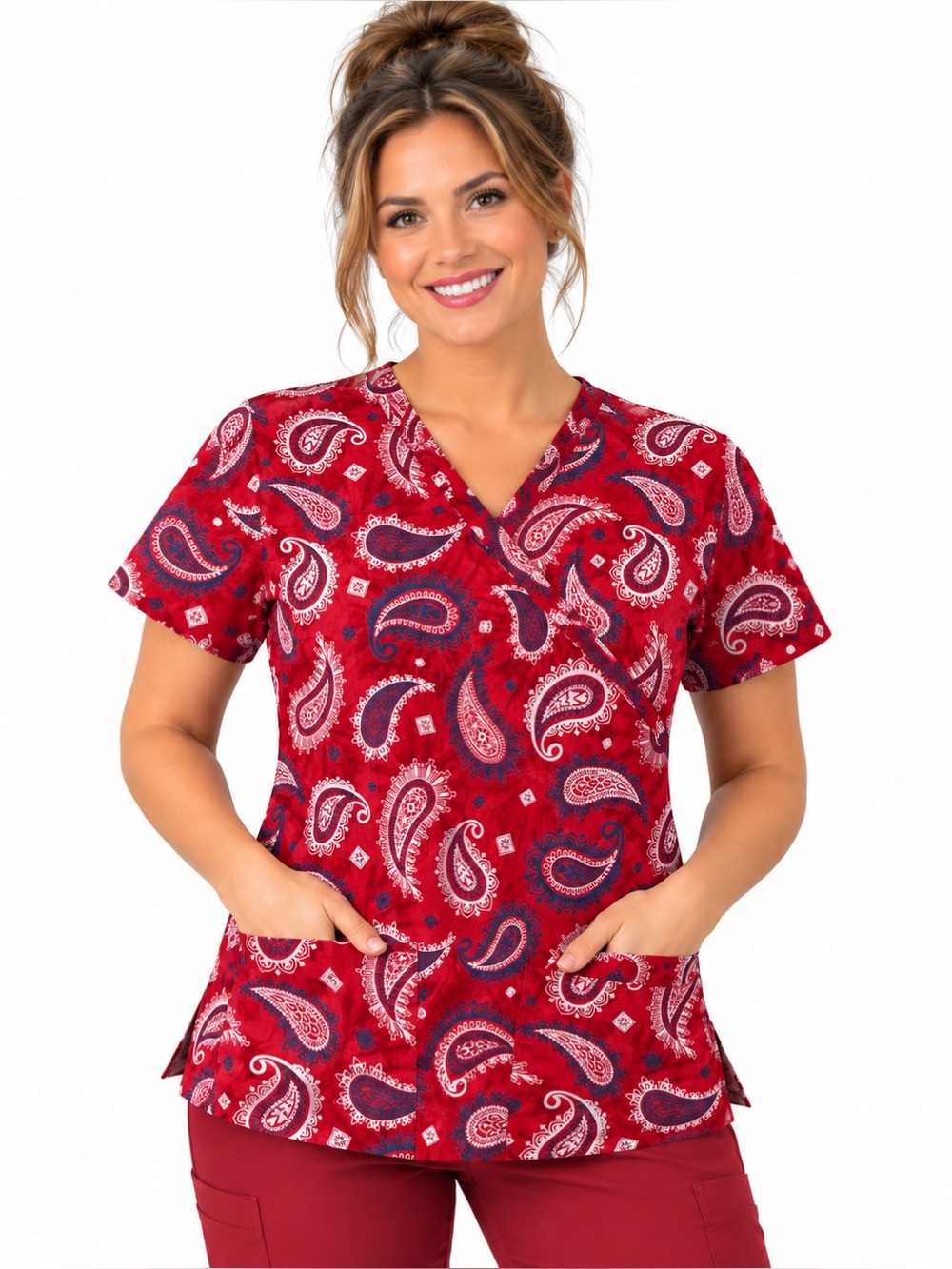 Women’s Medium Red Paisley Bobbie Brooks Print Scrub Top